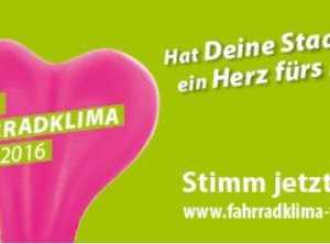 Plakat zum ADFC Fahrradklimatest 2016 mit Hinweis auf link zur Umfrage